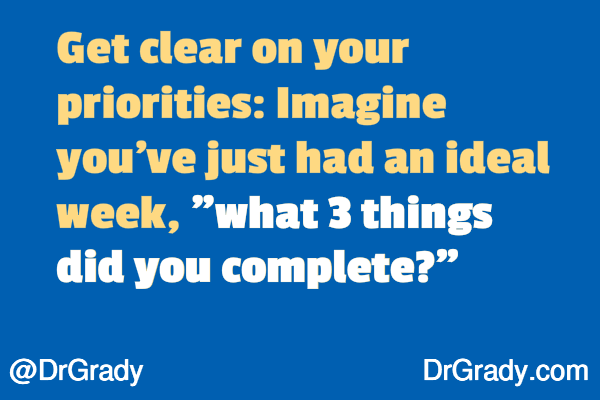 Get clear on your priorities: imagine you've just had an ideal week. "what 3 things did you complete?"